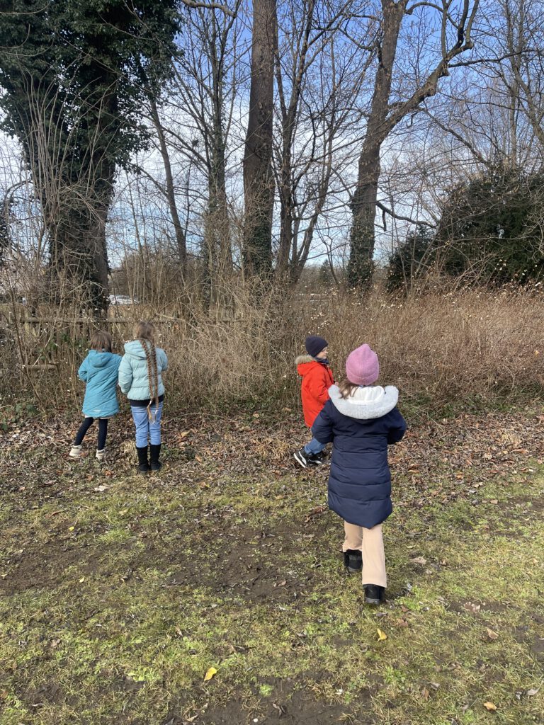 Vier Kinder in warmer Winterkleidung laufen von hinten zu sehen über eine herbstliche Wiese auf eine Hecke und Bäume zu, um bei einem Ausflug der „Beet Buddies“ neugierig die Natur zu erkunden.