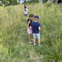 Kinder der Beet Buddies gehen beim Sommerabschluss auf einem schmalen Pfad durch eine hohe Wildblumenwiese, um die Natur zu entdecken.