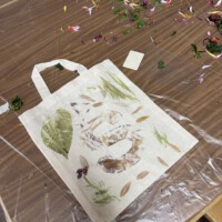Eine selbst gestaltete Baumwolltasche mit natürlichen Pflanzenfarben und Abdrücken von Blättern und Blüten liegt auf einem Holztisch, auf dem verstreut bunte Blütenblätter und Gräser zu sehen sind.
