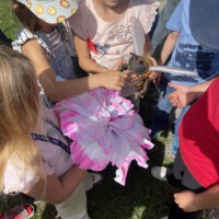 Mehrere Kinder betrachten und berühren im Freien ein gebasteltes Modell einer Biene und eine große rosa-weiße Papierblume, um spielerisch die Bestäubung durch Bienen zu erleben.