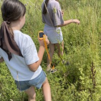 Zwei Mädchen erkunden beim Sommerabschluss der Beet Buddies eine hohe Wildblumenwiese, wobei eines der Kinder ein gelbes Handmikroskop hält, um kleine Tiere und Pflanzen zu beobachten.
